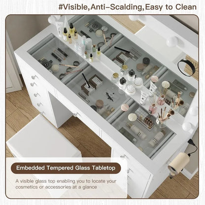 Vanity Desk & Power Mirror LED Lights, 11 Drawers, and Chair
