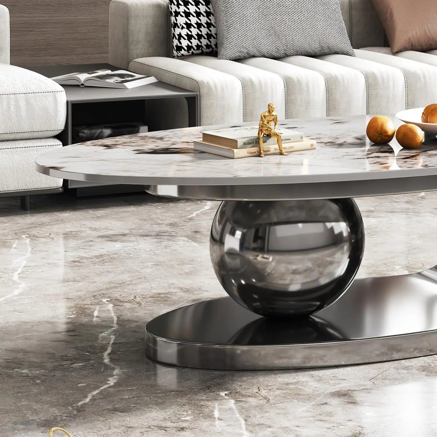Coffee Table with Silver Stainless Steel Pedestal,Oval with Faux Marble Top