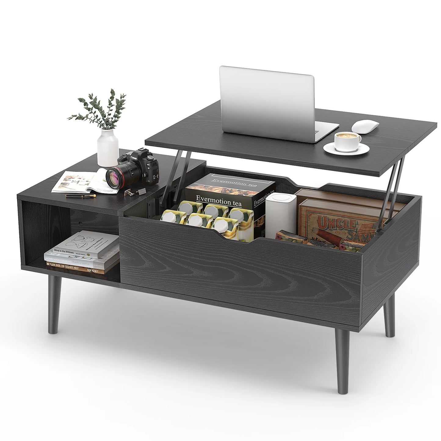 Lift Top Coffee Table  Wood Adjustable Storage Shelf Easy Lift Or Lower