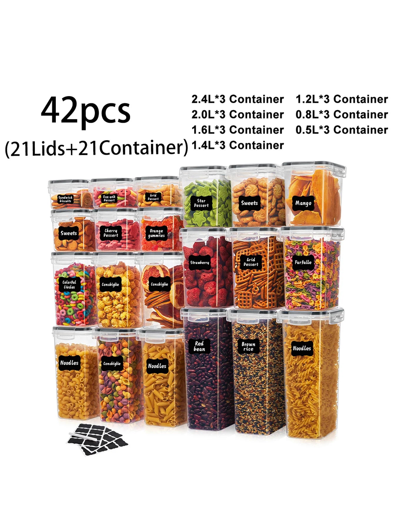 42pcs Sealed food storage containers with LIDS, grain, flour, sugar, labeled