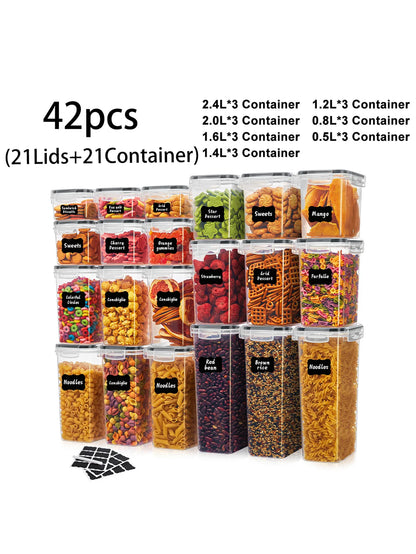 42pcs Sealed food storage containers with LIDS, grain, flour, sugar, labeled