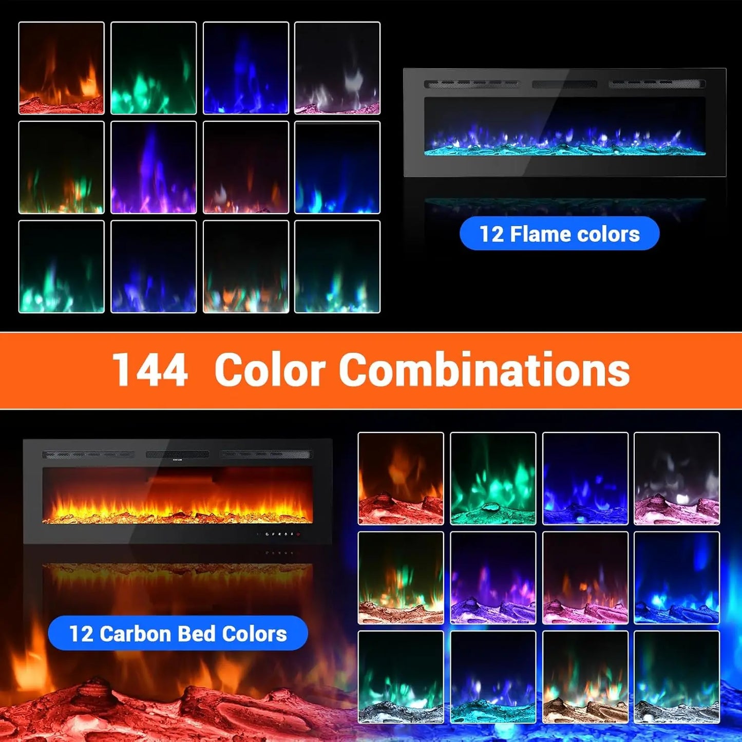 60-Inch Electric Fireplace Wall-Mounted with Remote & Touch Screen
