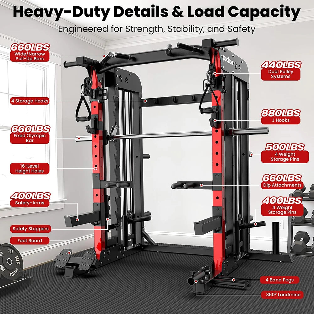Power Cage Smith Machine with 2000LB Squat Rack Cable System