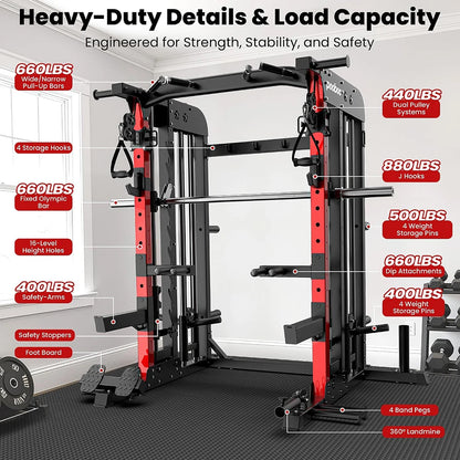 Power Cage Smith Machine with 2000LB Squat Rack Cable System