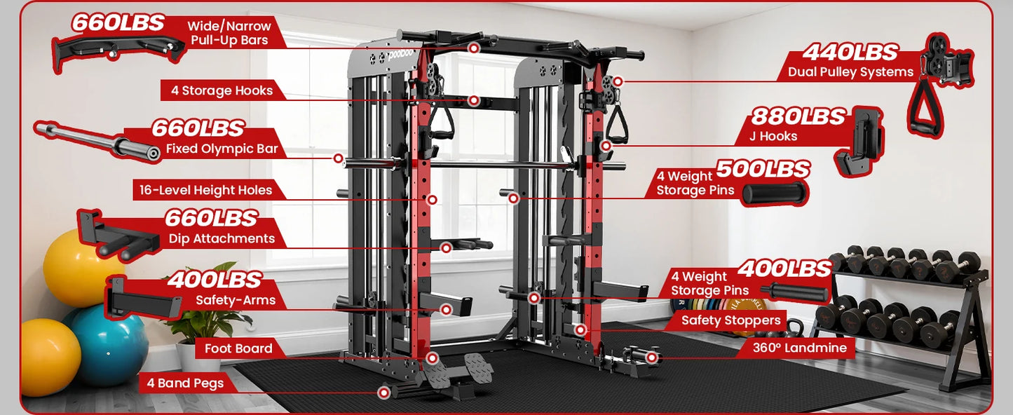 Power Cage Smith Machine with 2000LB Squat Rack Cable System