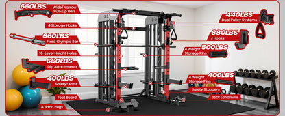 Power Cage Smith Machine with 2000LB Squat Rack Cable System