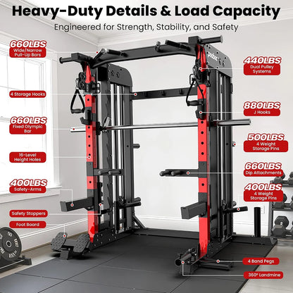 Power Cage Smith Machine with 2000LB Squat Rack Cable System