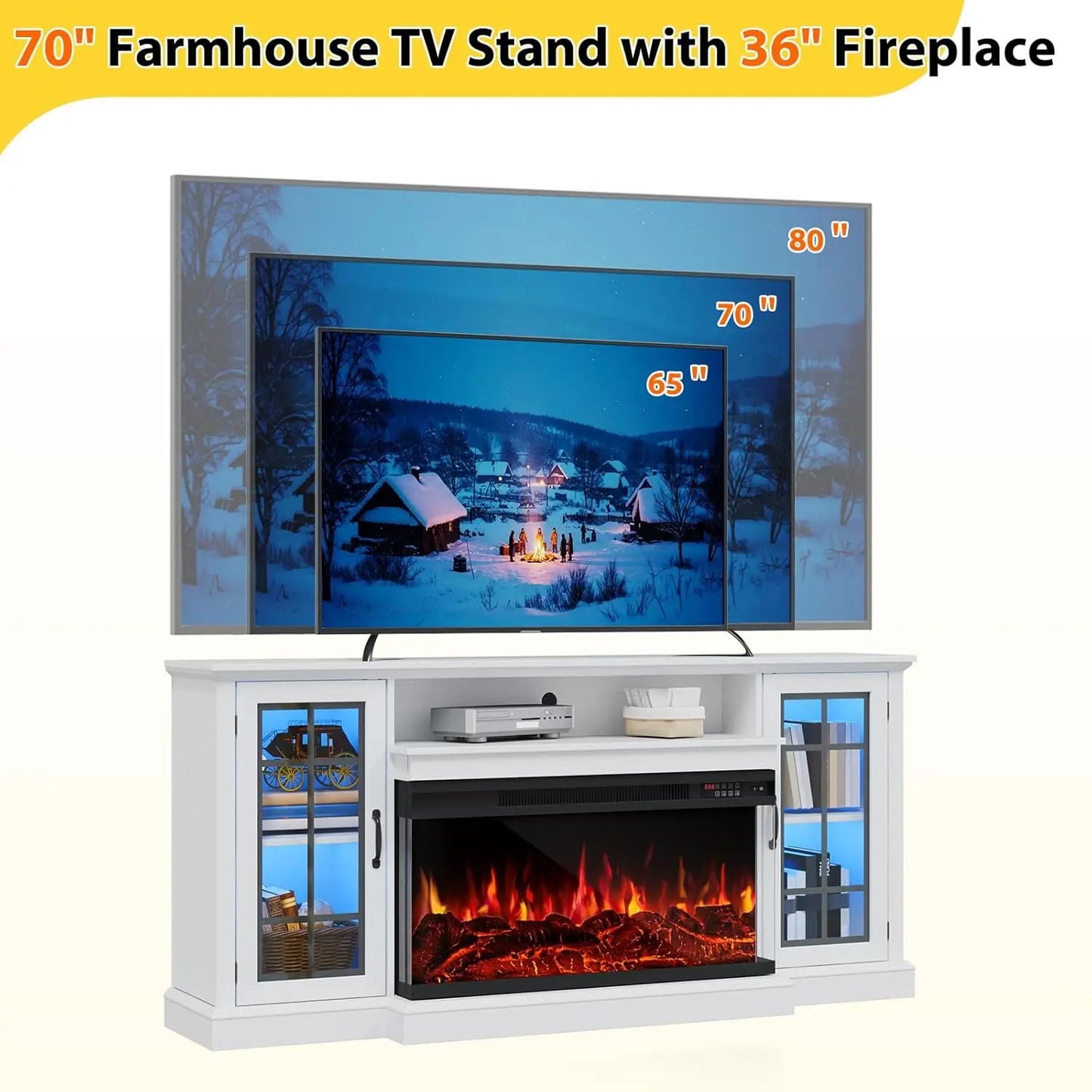 Fireplace TV Stand Media Console Glass Door Storage