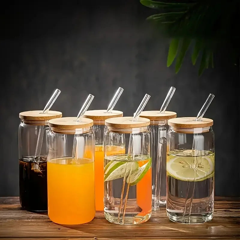 6pcs Drinking Glass with Bamboo Lids and Glass Straw