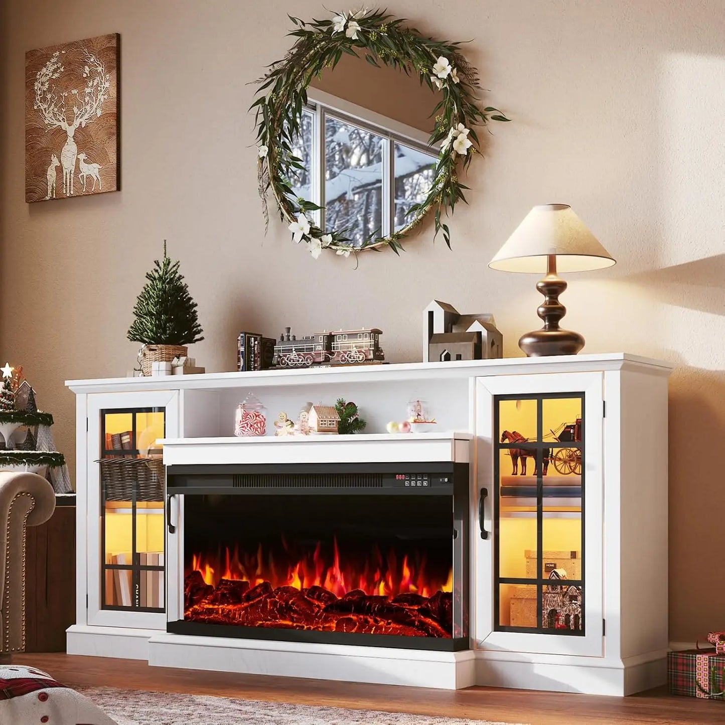 Fireplace TV Stand Media Console Glass Door Storage