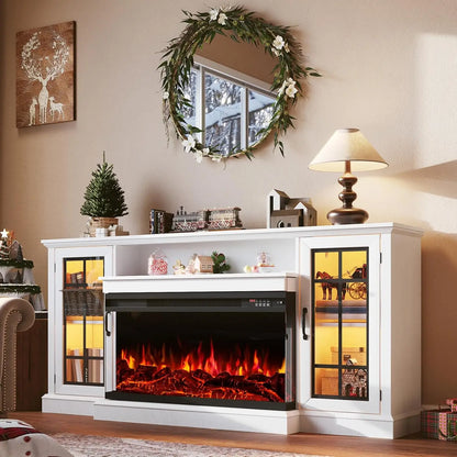 Fireplace TV Stand Media Console Glass Door Storage