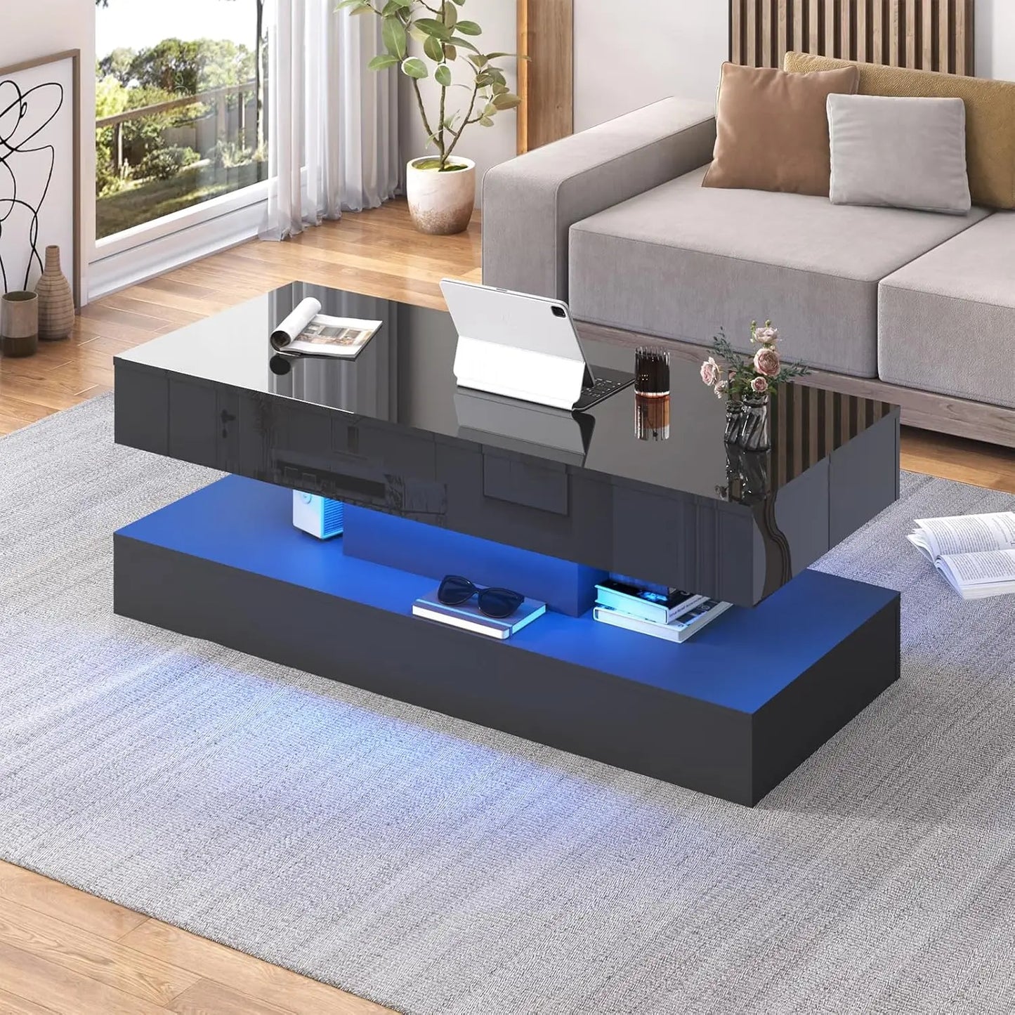 Coffee Table with LED lights, Double-Layer Design with Storage Drawers