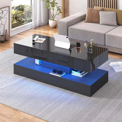Coffee Table with LED lights, Double-Layer Design with Storage Drawers