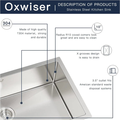 30x18 Inch Undermount Stainless Steel Kitchen Sink Set with Grid and Drain Assembly