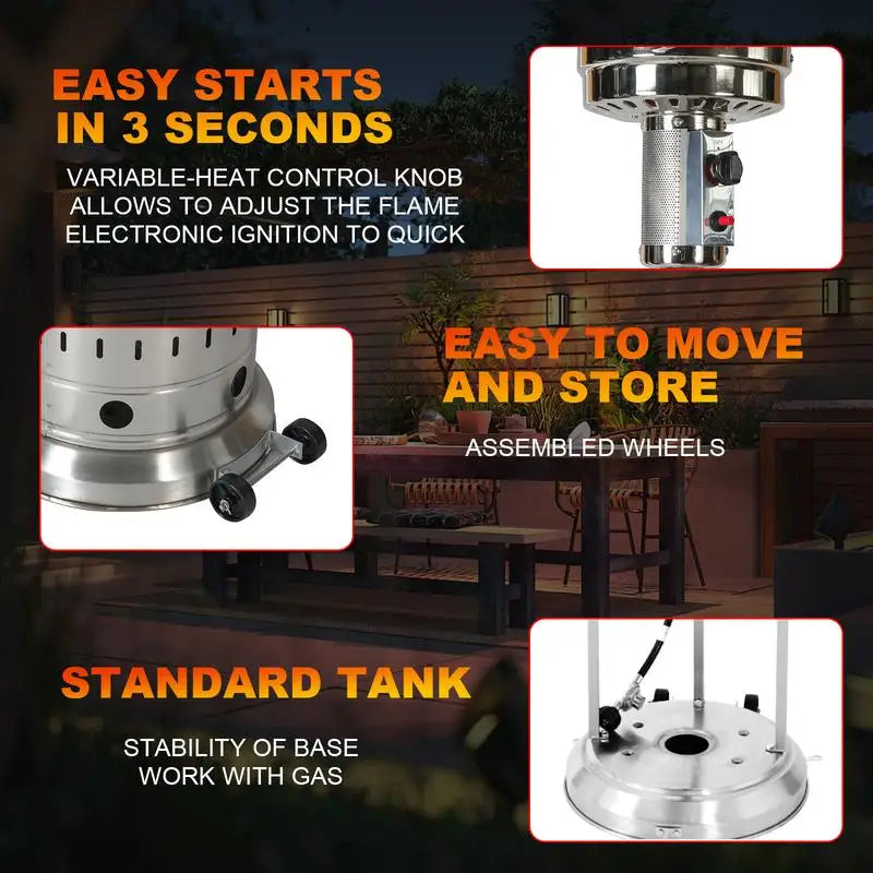 Propane Patio Heater with Wheels & Cover, Stainless Steel