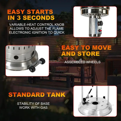 Propane Patio Heater with Wheels & Cover, Stainless Steel