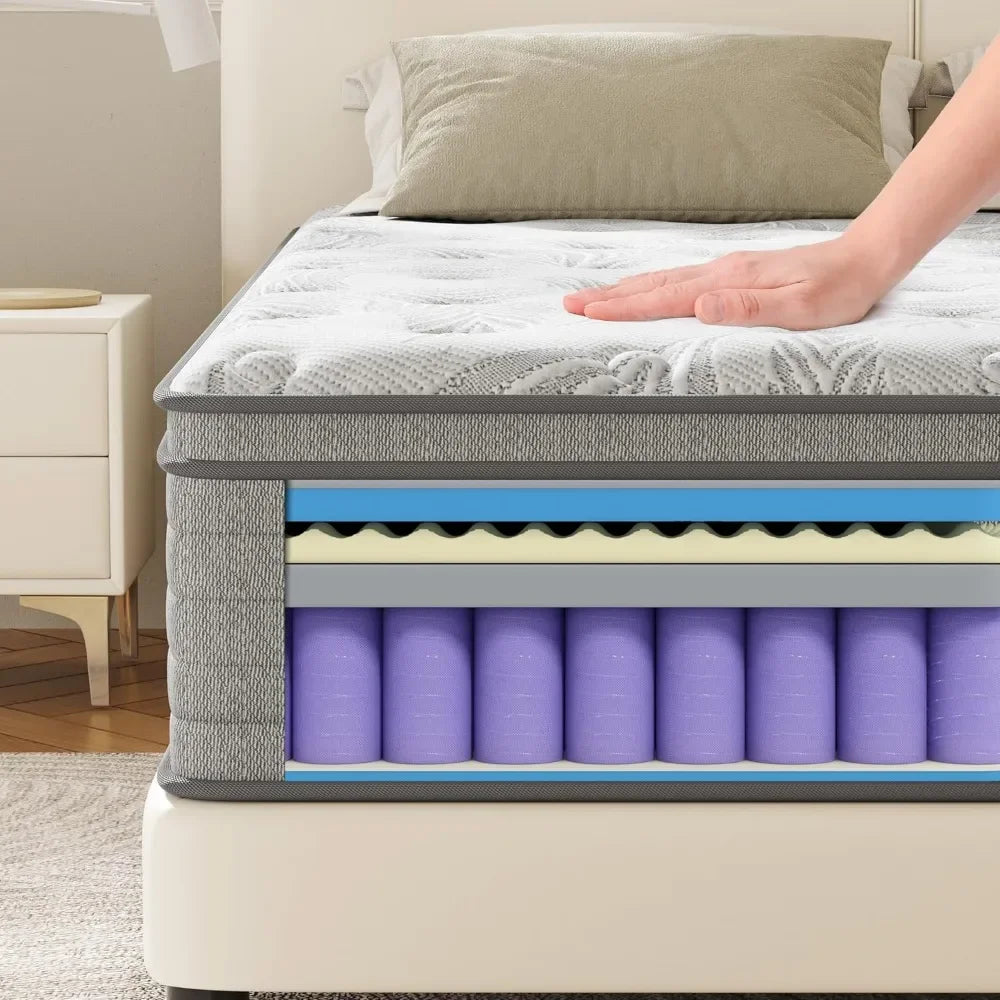 Mattress 14 Inch Gel Memory Foam Mattress with Individual Pocket Springs for Pressure Relief