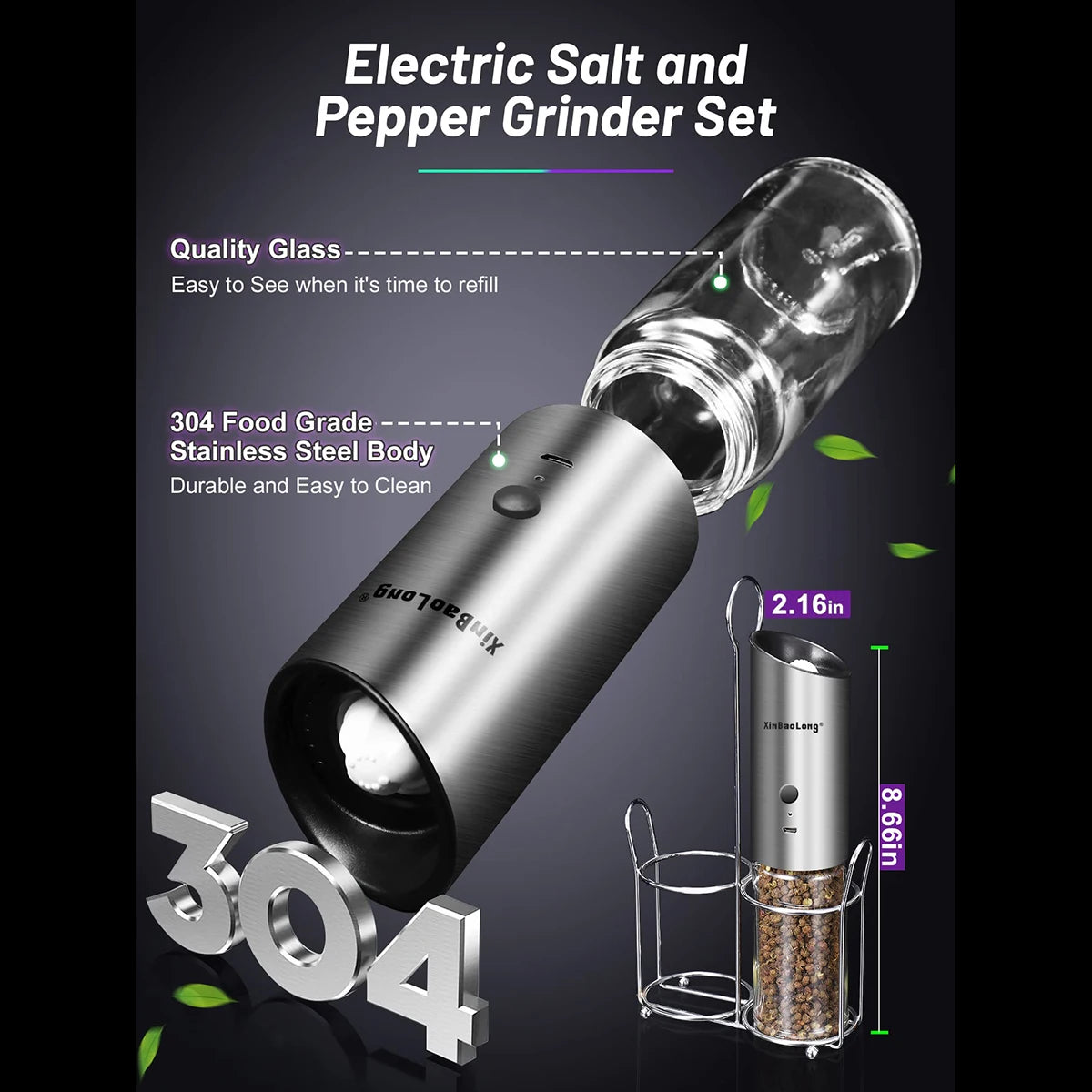 2pcs electric salt and pepper grinder set, rechargeable