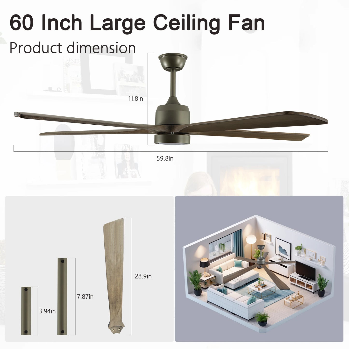 60“  Ceiling Fan Light, Adjustable
