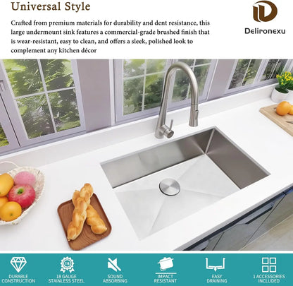 30-Inch Kitchen Sink, Stainless Steel Single Bowl with Brushed Finish and Drain Kit