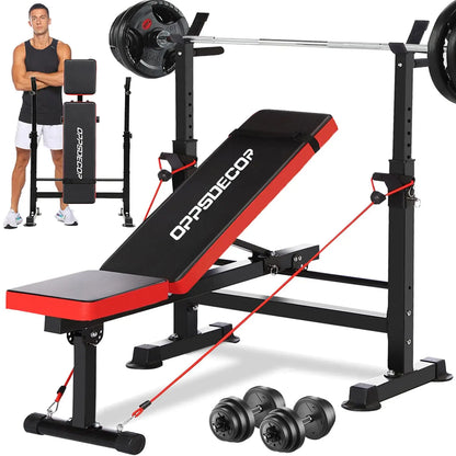 Foldable Weight Bench with Leg Extension/Leg Curl, Squat Rack