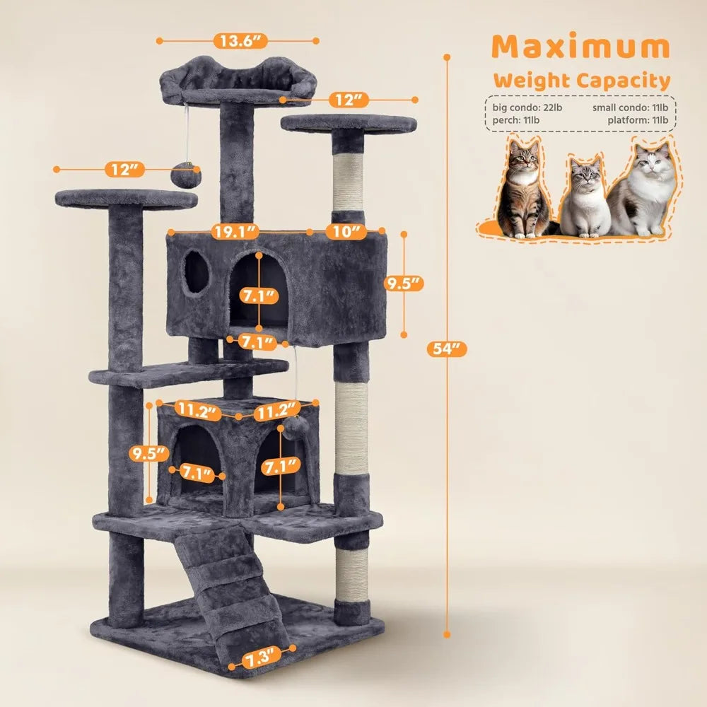 Cat Tree, Tower with Perch, Caves, Scratching Posts,Ladder, and Plush Balls