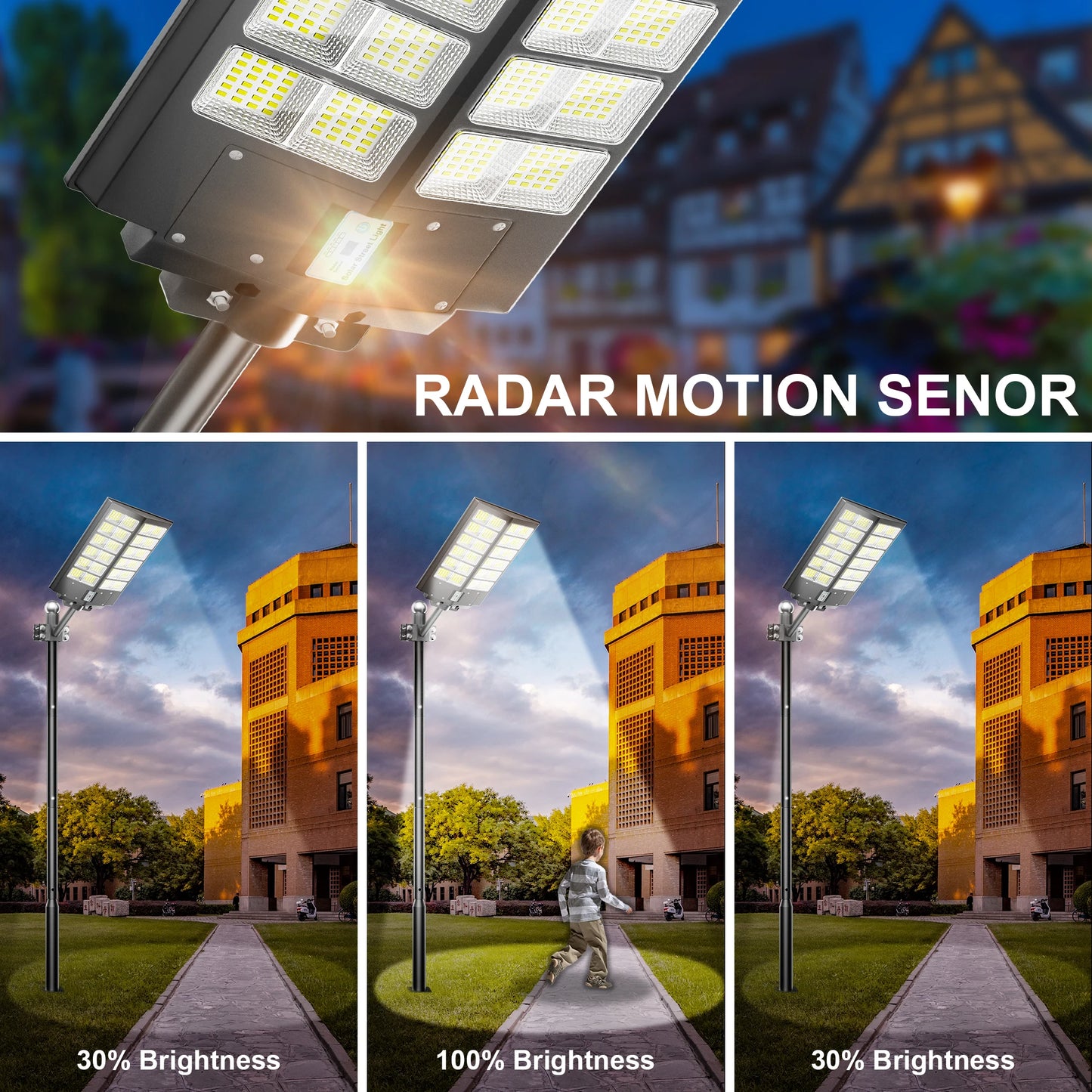 Solar street lights, with motion sensors.
