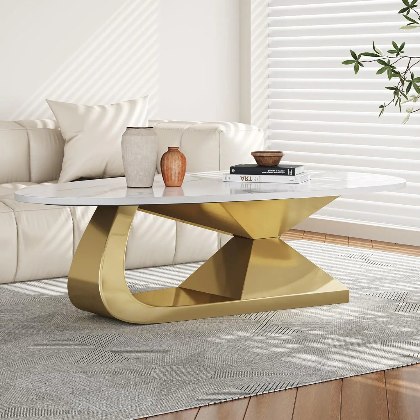 Coffee Table with Silver Stainless Steel Pedestal,Oval with Faux Marble Top