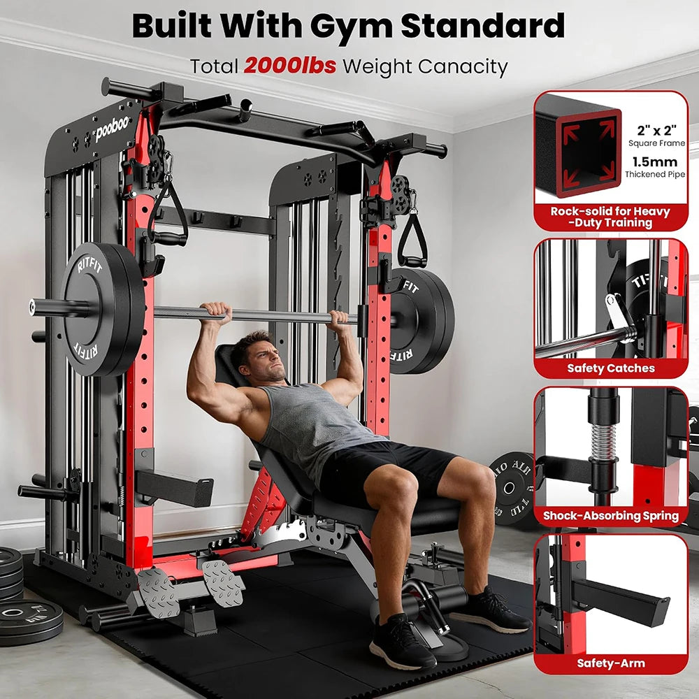 Power Cage Smith Machine with 2000LB Squat Rack Cable System