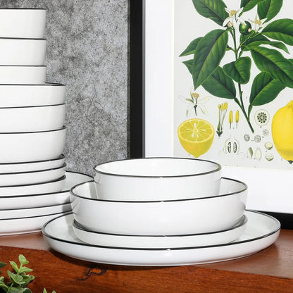16-Piece Dinnerware Set, White Plates with Black Rim, Microwave & Dishwasher Safe