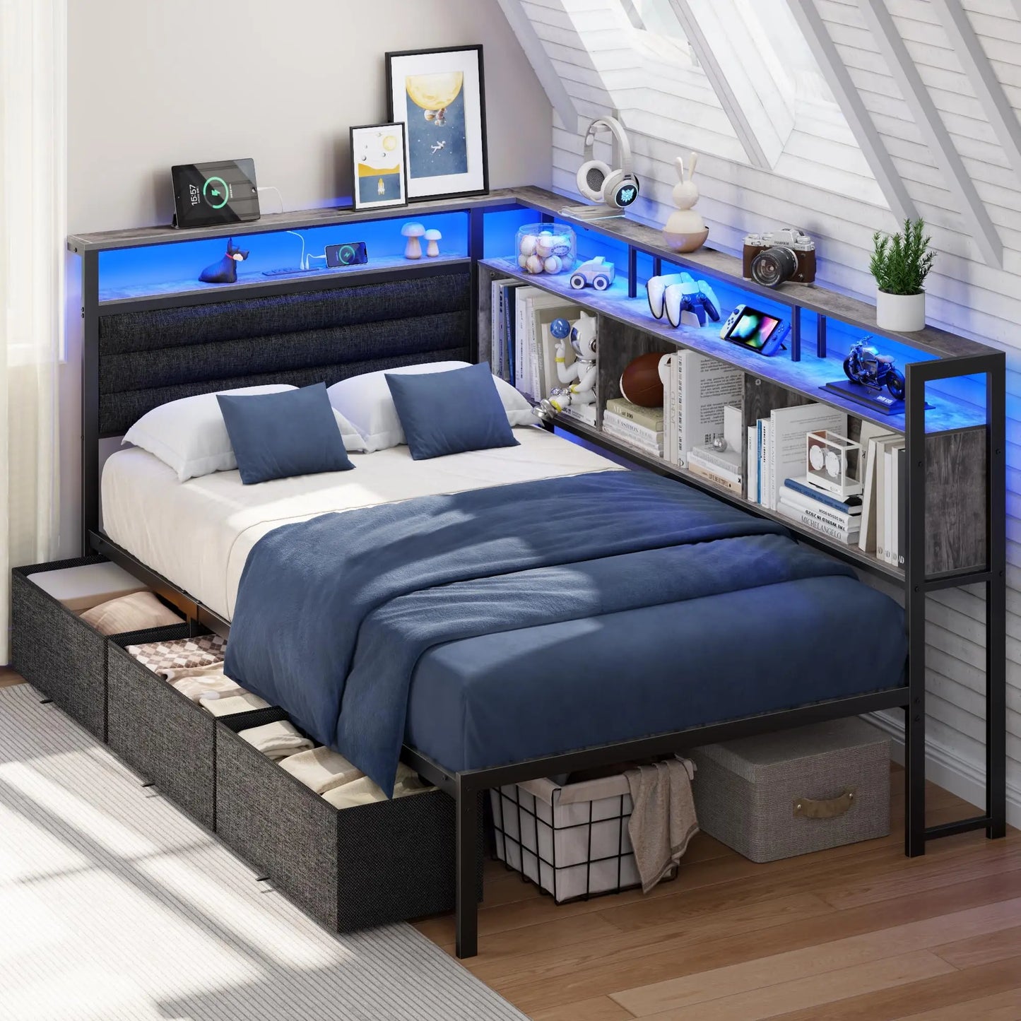 Bed Frame with Headboard and Storage Drawers, Metal Platform