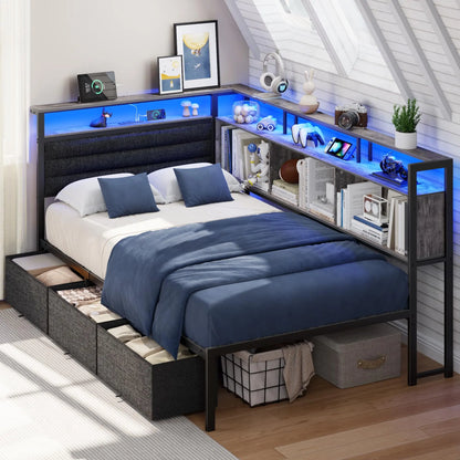 Bed Frame with Headboard and Storage Drawers, Metal Platform