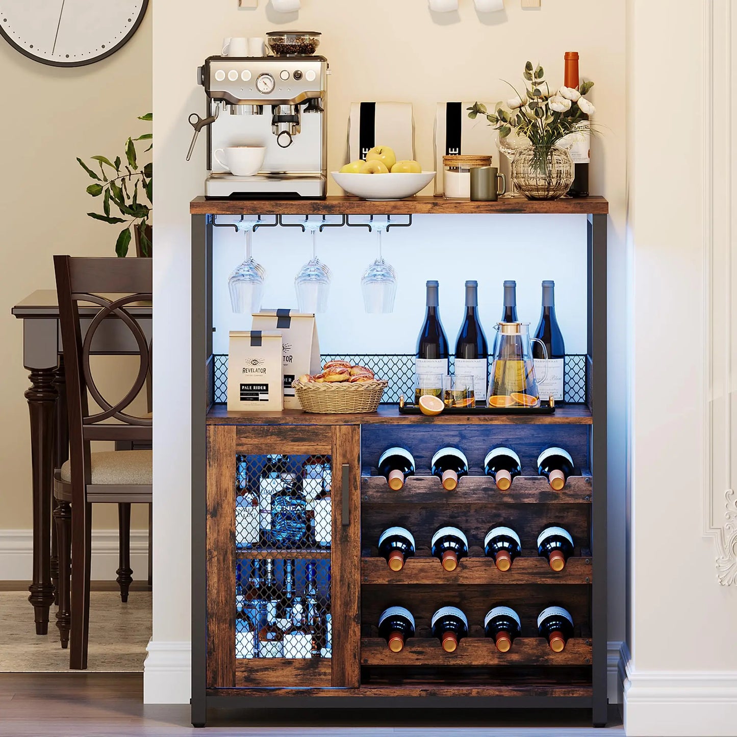 Wine Bar Cabinet With Adjustable Shelves & Glass Holders