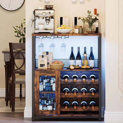 Wine Bar Cabinet With Adjustable Shelves & Glass Holders