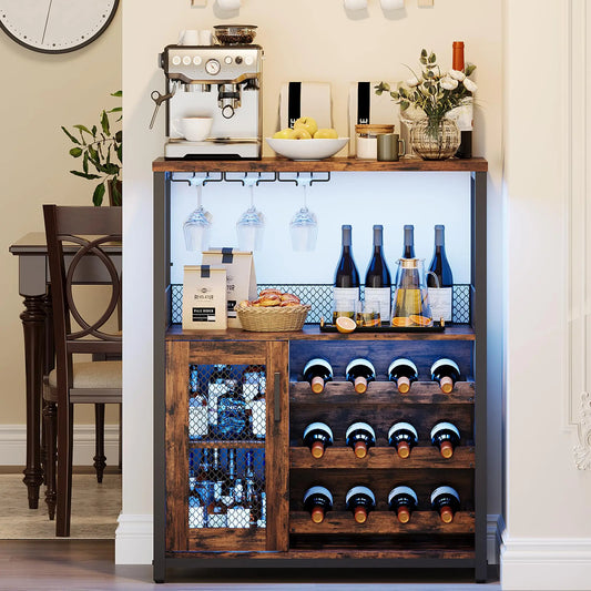 Wine Bar Cabinet With Adjustable Shelves & Glass Holders