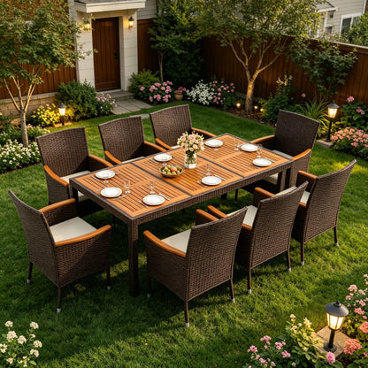 Patio Dining Set Acacia Wood Table Wicker Patio Chairs