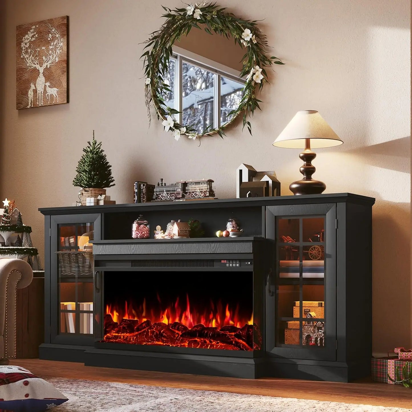 Fireplace TV Stand Media Console Glass Door Storage