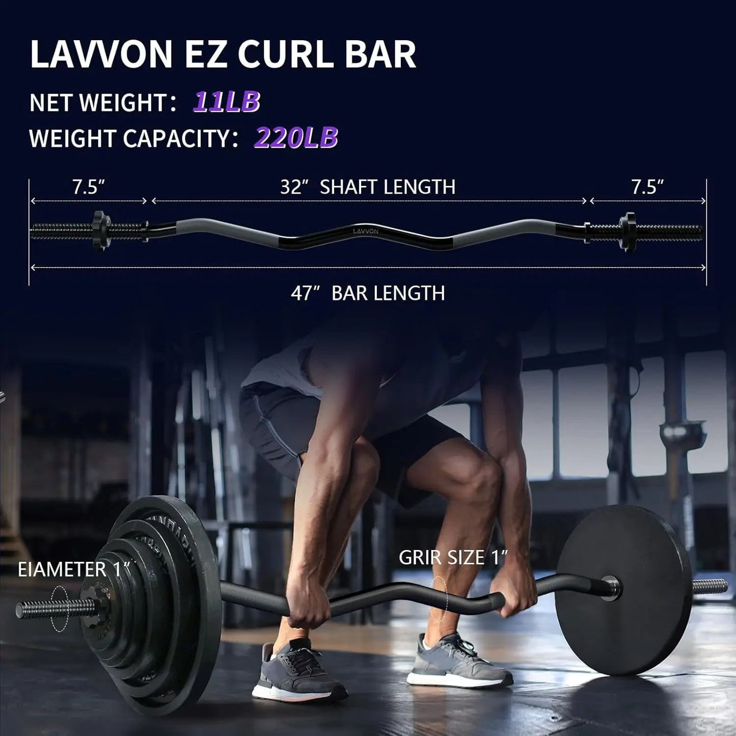 47-inch EZ Curl Bar for Weight Lifting- 220lb Capacity with Star Nuts