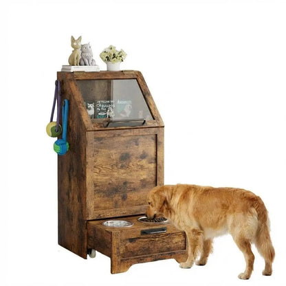 Dog Food Station with, Raised Bowls, Food Storage Cabinet