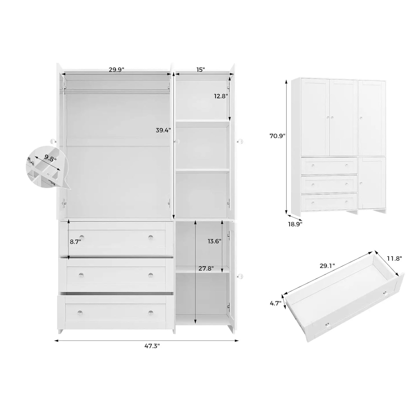 71" Wooden Armoire with Drawers Mirror