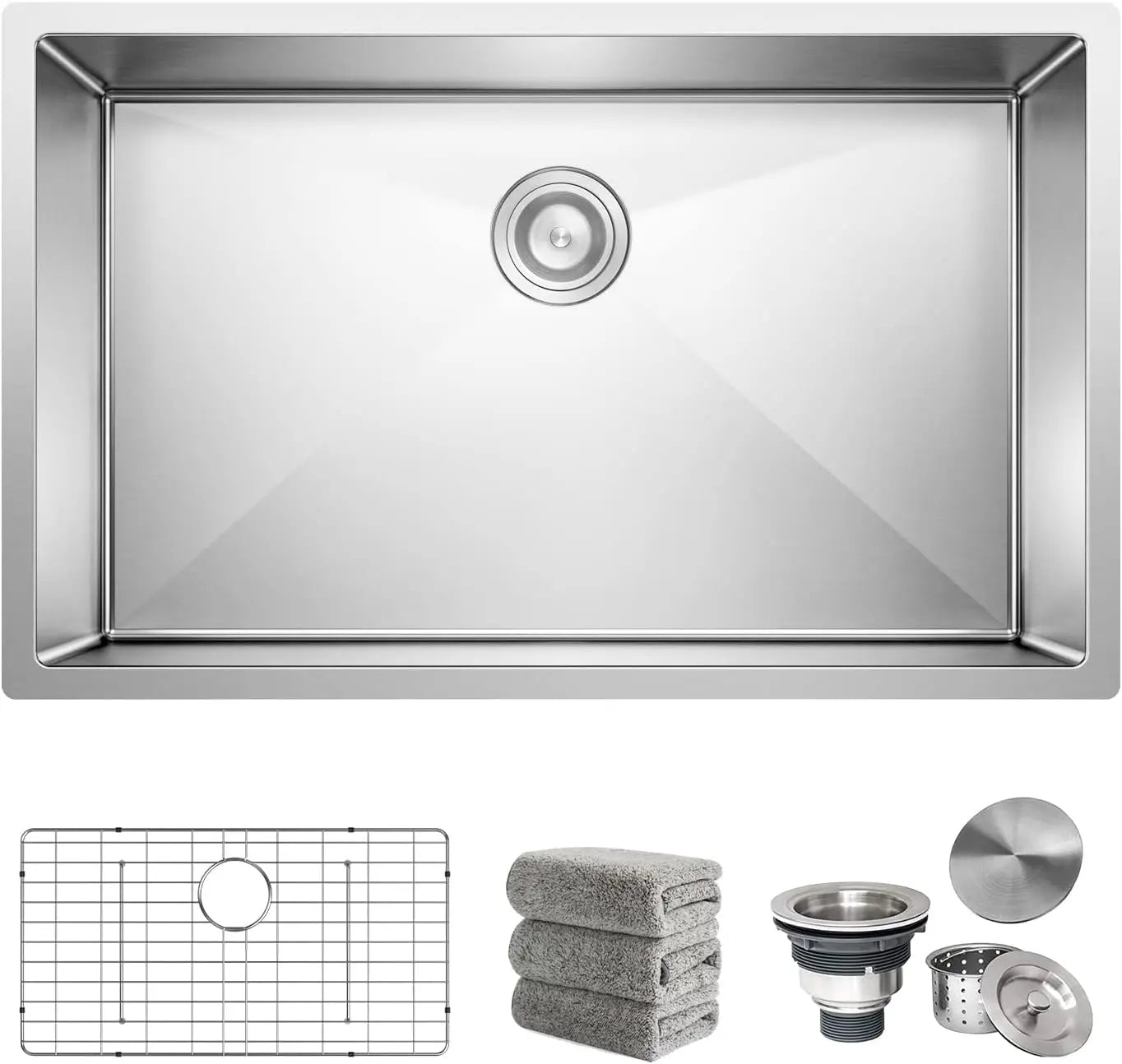 30x18 Inch Undermount Stainless Steel Kitchen Sink Set with Grid and Drain Assembly