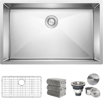 30x18 Inch Undermount Stainless Steel Kitchen Sink Set with Grid and Drain Assembly