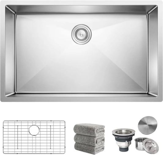 30x18 Inch Undermount Stainless Steel Kitchen Sink Set with Grid and Drain Assembly
