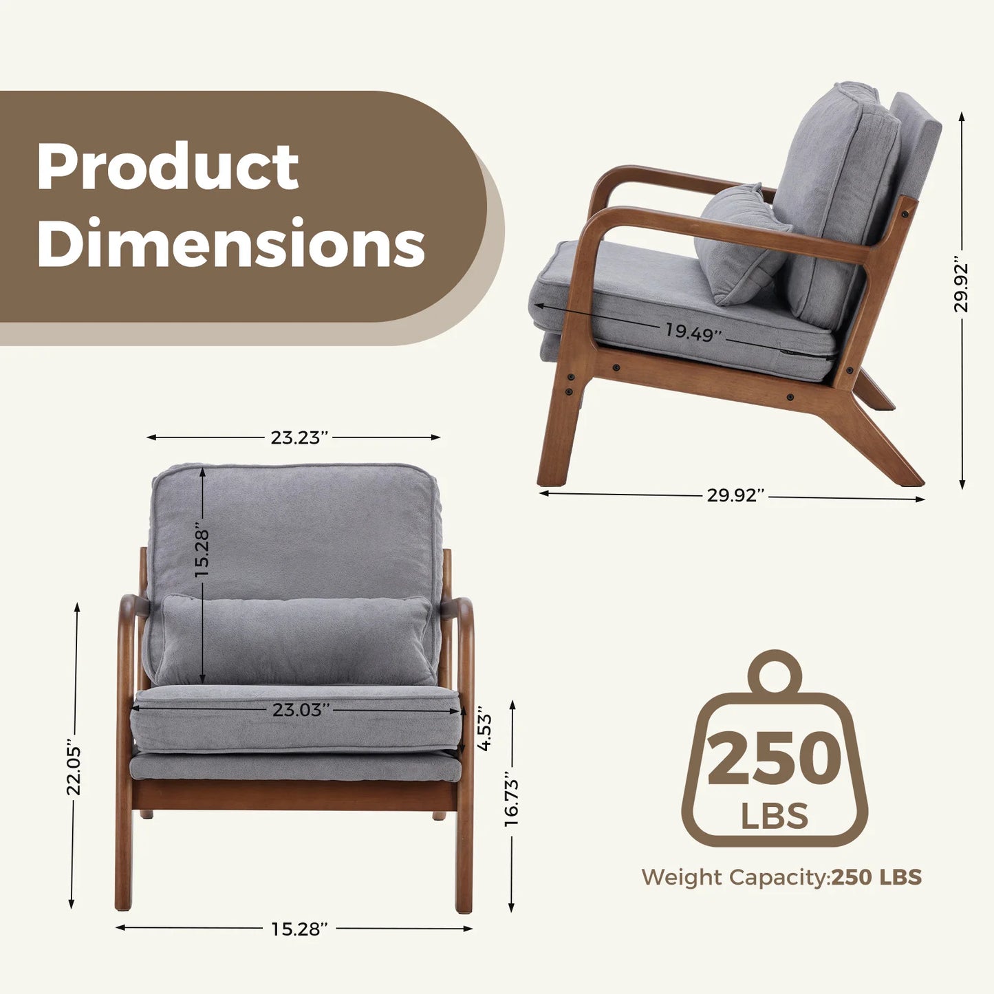 Chair Solid Wooden Frame with Arms and Waist Cushion