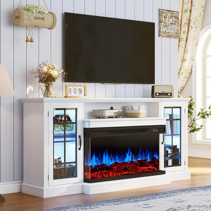 Fireplace TV Stand Media Console Glass Door Storage