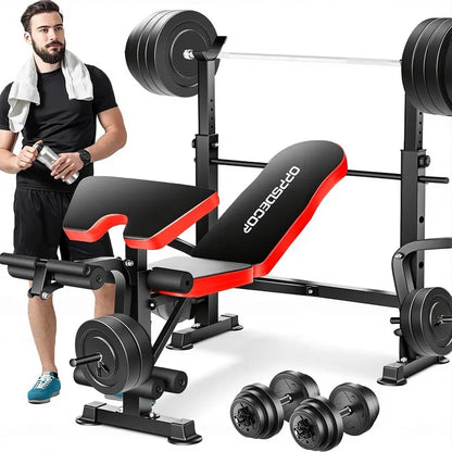Foldable Weight Bench with Leg Extension/Leg Curl, Squat Rack