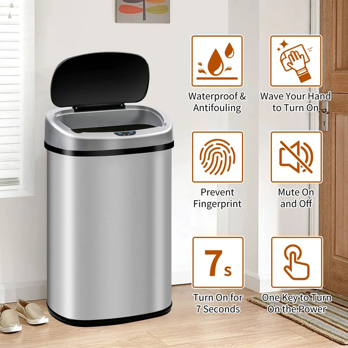 Kitchen Trash Can, Stainless Steel, Touch free Motion Sensor