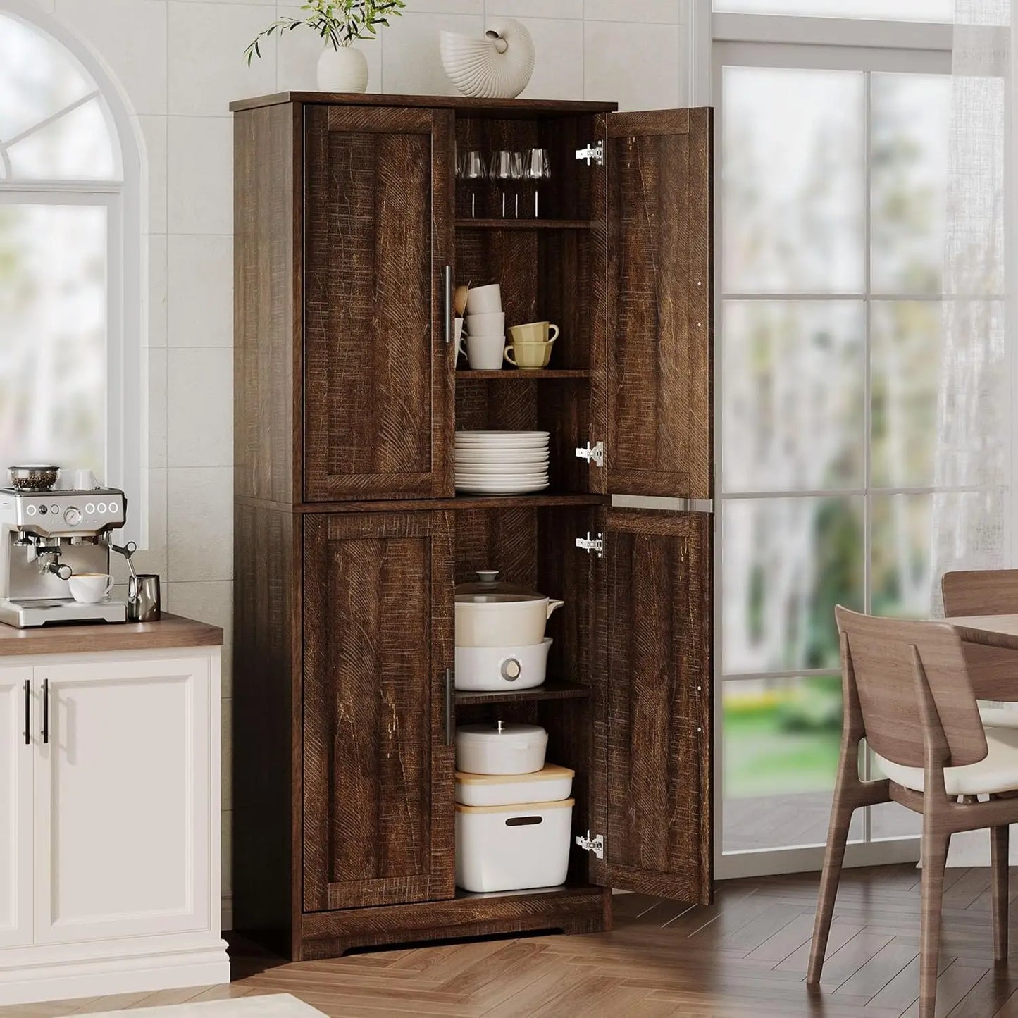 Freestanding Storage Cabinet with 4 Doors and Adjustable Shelves