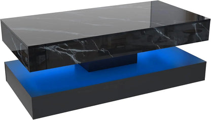 Coffee Table with LED lights, Double-Layer Design with Storage Drawers