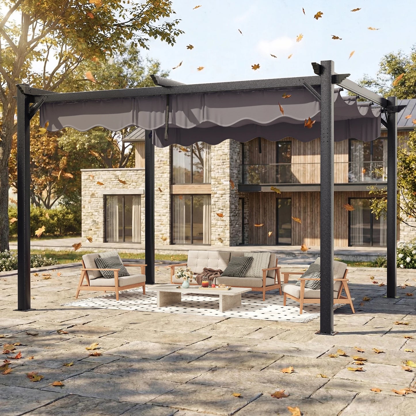 10x12FT Outdoor Aluminum Pergola, with Retractable Canopy and Anchoring Stand